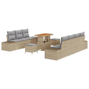 10-teiliges Garten Sofa Set mit Kissen Beige Poly Rattan Akazie