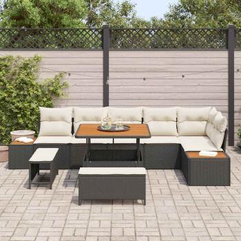 9-teiliges Garten Sofa Set mit Kissen schwarzes Poly Rattan Akazienholz