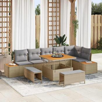 ARDEBO.de - 9-teiliges Garten Sofa Set mit Kissen in Beige, Poly Rattan, Akazie