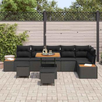 9-teiliges Garten Sofa Set mit Kissen Schwarz Poly-Rattan Akazie