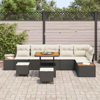 9-teiliges Garten Sofa Set mit Kissen Schwarz Poly Rattan Akazie