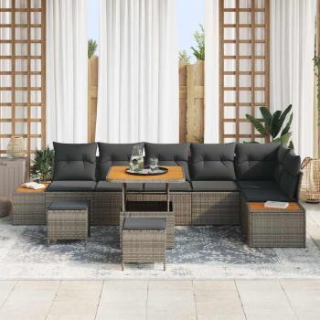 9-teiliges Garten Sofa Set mit Kissen Grau Poly-Rattan Akazie