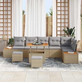 9-teiliges Garten-Sofa-Set mit Kissen Beige Poly-Rattan Akazie