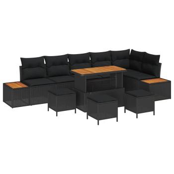 10-teiliges Garten-Sofa-Set mit Kissen - Schwarzes Poly-Rattan, Akazie