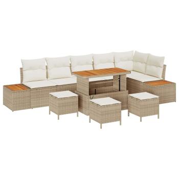 10-teiliges Garten Sofa Set mit Kissen Beige Poly Rattan Akazie