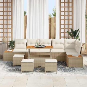 10-teiliges Garten Sofa Set mit Kissen Beige Poly Rattan Akazie