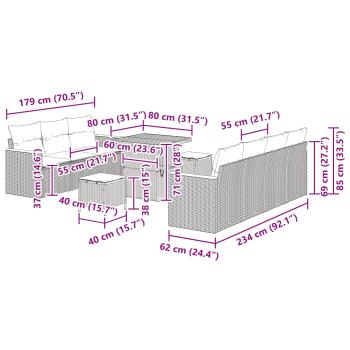 10-teiliges Garten Sofa Set mit Kissen Schwarz Poly Rattan Akazie