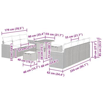 10-teiliges Garten Sofaset mit Kissen Schwarz Poly Rattan Akazie