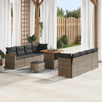 ARDEBO.de - 11-teiliges Garten Sofa Set mit Kissen Grau Poly Rattan Akazie