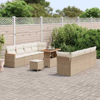 11-teiliges Garten Sofa Set mit Kissen Beige Poly Rattan Akazie
