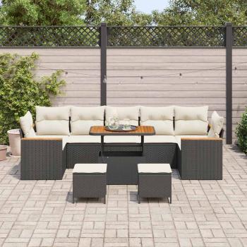 10-teiliges Garten Sofa Set mit Kissen Schwarz Poly-Rattan Akazie