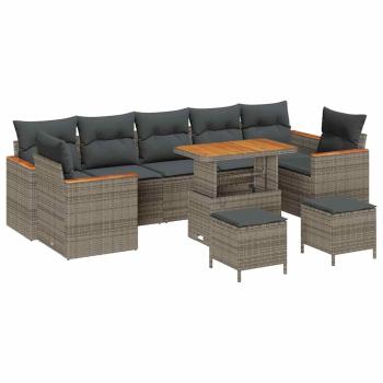 10 teiliges Garten Sofa Set mit Kissen Grau Poly Rattan Akazie