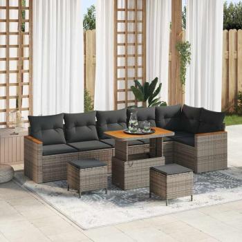 ARDEBO.de - 9-teiliges Garten-Sofa-Set mit Kissen in Grau aus Poly-Rattan und Akazie