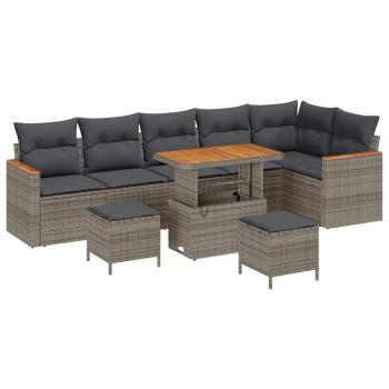 9-teiliges Garten-Sofa-Set mit Kissen in Grau aus Poly-Rattan und Akazie
