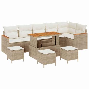 10-teiliges Garten-Sofa-Set mit Kissen Beige Poly-Rattan Akazie