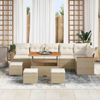 10-teiliges Garten-Sofa-Set mit Kissen Beige Poly-Rattan Akazie
