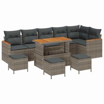 10-teiliges Garten-Sofa-Set mit Kissen Grau Poly-Rattan Akazie