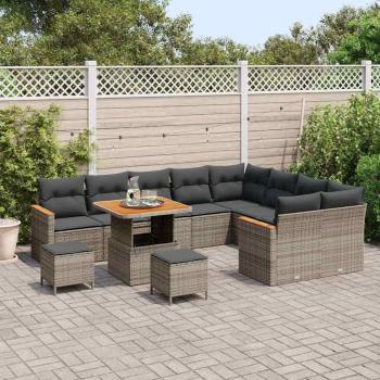 12-teiliges Garten-Sofa-Set mit Kissen Grau Poly-Rattan Akazie