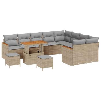 12-teiliges Garten-Sofa-Set mit Kissen Beige Poly-Rattan Akazie