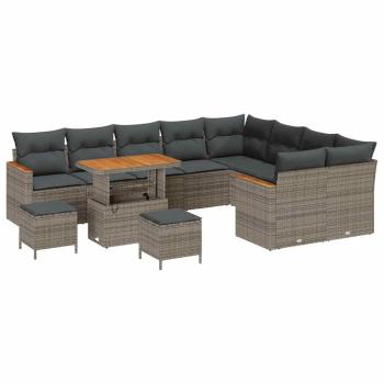12-teiliges Garten Sofa Set mit Kissen Grau Poly Rattan Akazie