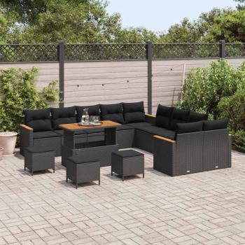 14-teiliges Garten-Sofa-Set mit Kissen Schwarz Poly-Rattan Akazie