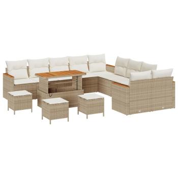 14-teiliges Garten Sofa Set mit Kissen Beige Poly Rattan Akazie