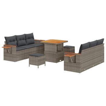 9-teiliges Garten Sofa Set mit Kissen Grau Poly-Rattan Akazie