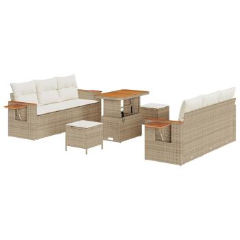 9-teiliges Garten-Sofa-Set mit Kissen Beige Poly Rattan Akazie