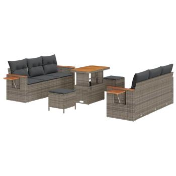9-teiliges Garten Sofa Set mit Kissen Graues Poly Rattan Akazie