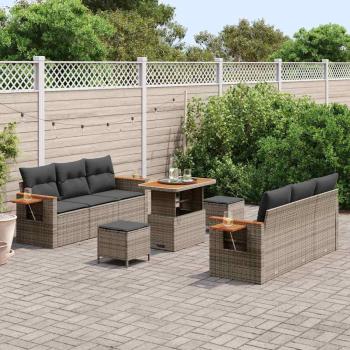 9-teiliges Garten Sofa Set mit Kissen Graues Poly Rattan Akazie
