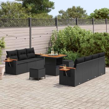 10-teiliges Garten-Sofa-Set mit Kissen Schwarz Poly Rattan Akazie