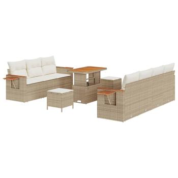 10-teiliges Garten Sofa Set mit Kissen Beige Poly Rattan Akazie