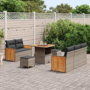 8-teiliges Garten Sofa Set mit Kissen Grau Poly Rattan Akazie