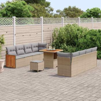 11-teiliges Garten Sofa Set mit Kissen Beige Poly-Rattan Akazie