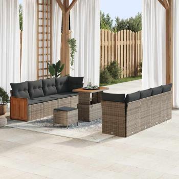 ARDEBO.de - 11-teiliges Garten Sofa Set mit Kissen Grau Poly Rattan Akazie
