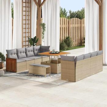 ARDEBO.de - 11-teiliges Garten-Sofa-Set mit Kissen Beige Poly Rattan Akazie
