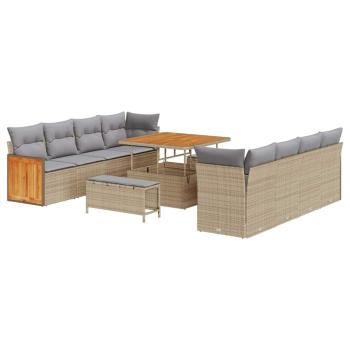 11-teiliges Garten-Sofa-Set mit Kissen Beige Poly Rattan Akazie