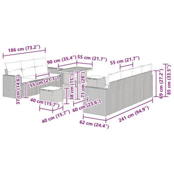 10-teiliges Garten Sofa Set mit Kissen Grau Poly Rattan Akazie