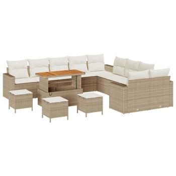 14-teiliges Garten Sofa Set mit Kissen Beige Poly Rattan Akazie