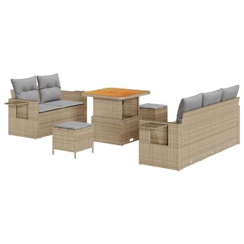 8-teiliges Garten Sofa Set mit Kissen Beige Poly Rattan Akazie