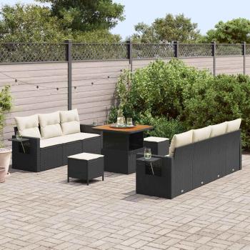 10-teiliges Garten-Sofa-Set mit Kissen Schwarz Poly Rattan Akazie