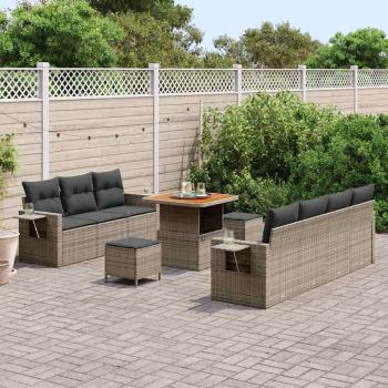 10 Teile Garten Sofa Set mit Kissen Grau Poly Rattan Akazie