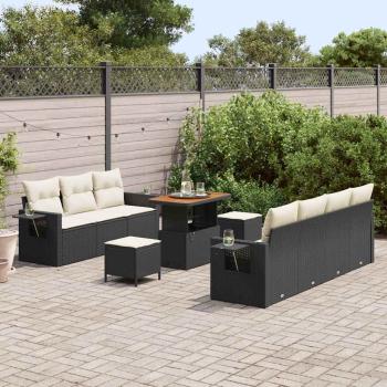 10-teiliges Garten Sofaset mit Kissen Schwarz Poly Rattan Akazie