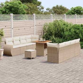 11-teiliges Garten Sofa Set mit Kissen Beige Poly-Rattan Akazie