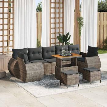 ARDEBO.de - 10-teiliges Garten Sofa Set mit Kissen Grau Poly Rattan Akazie