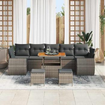 10-teiliges Garten Sofa Set mit Kissen Grau Poly Rattan Akazie