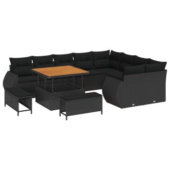12-teiliges Garten Sofa Set mit Kissen Schwarz Poly Rattan Akazie