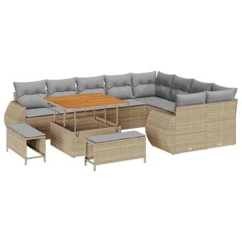 12-teiliges Garten Sofa Set mit Kissen Beige Poly Rattan Akazie