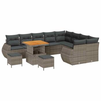12 Teile Garten Sofa Set mit Kissen Grau Poly Rattan Akazie