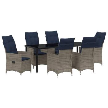 ARDEBO.de - 7-teiliges Garten Esstisch Set mit grauen Poly Rattan Kissen